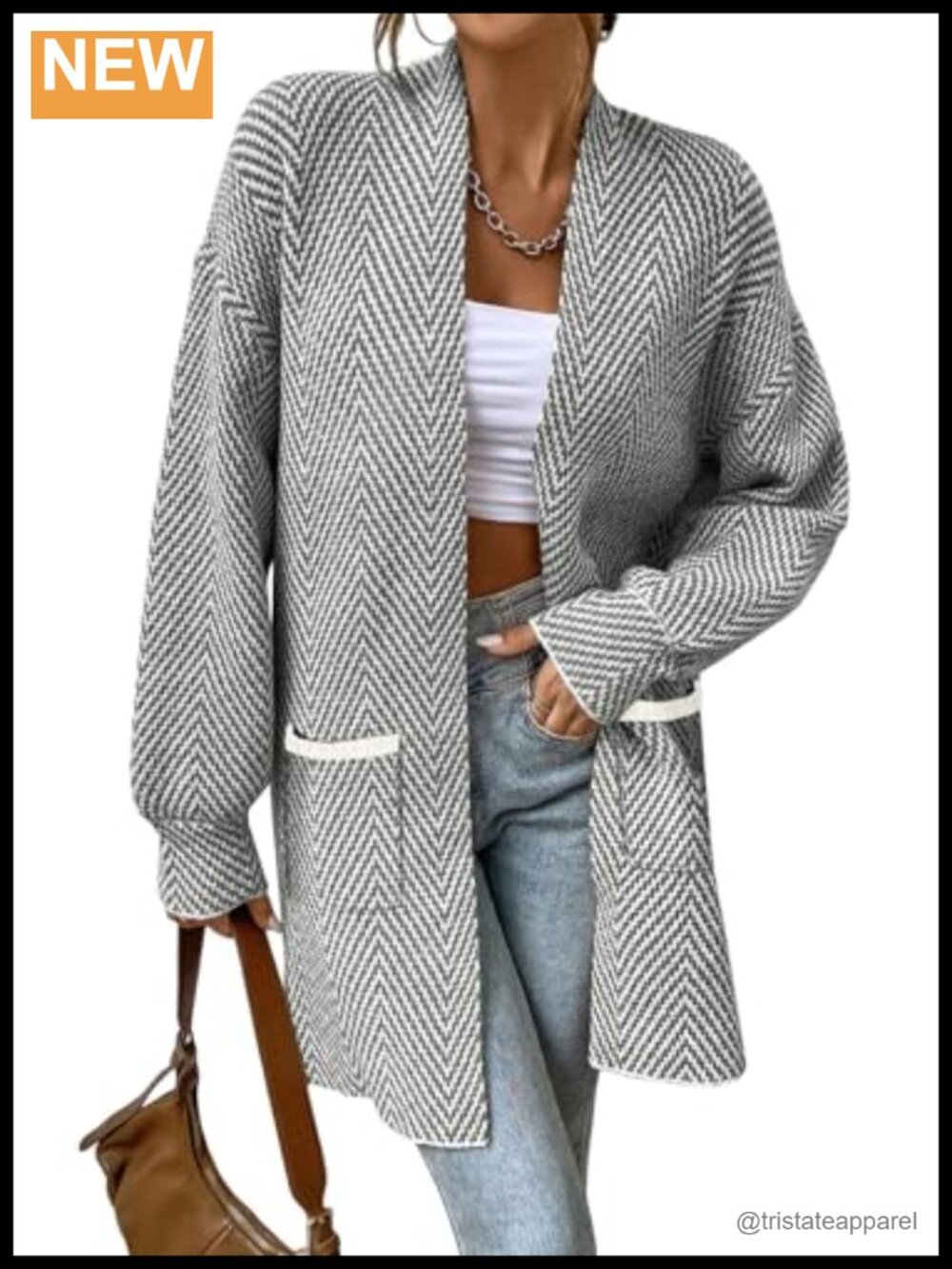 Women's Open Front Chevron Cardigan Long Sleeve Knit Sweater with Pockets